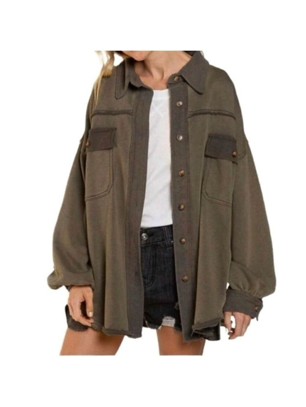 POL French Terry Button Down Oversized Distressed Shacket Brown Green medium